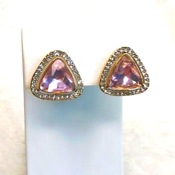 Vintage 90's Pink and Clear Triangle Rhinestone Clip Earrings - Picture 1 of 10